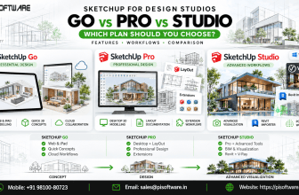 SketchUp Go vs Pro vs Studio comparison for design studios, highlighting 3D modelling, architectural design, LayOut documentation, V-Ray rendering, and Revit workflows – PI Software.