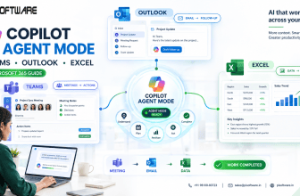 Microsoft Copilot Agent Mode connecting Teams, Outlook, and Excel for workplace workflow automation and productivity.