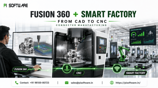 Fusion 360 manufacturing workflow showing CAD design, CNC machining, and a connected smart factory with digital data links.