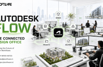 Autodesk Flow connected design office with architects and engineers collaborating at digital workstations, architectural models and project dashboards, a central Autodesk product hub linking design, data, teams, projects, and delivery, with PI Software branding and contact details.