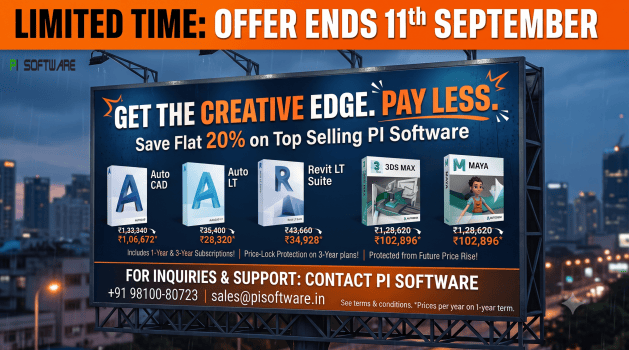 Limited-time Autodesk software discount offer from PI Software featuring AutoCAD, AutoCAD LT, Revit LT Suite, 3ds Max, and Maya with up to 20% savings before September 11.