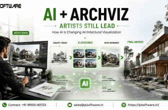Premium architectural visualization thumbnail showing an artist using AI-assisted workflows to transform a rough architectural concept into a polished photorealistic render, with AI-generated design variations, green digital effects, PI Software branding, and contact details.