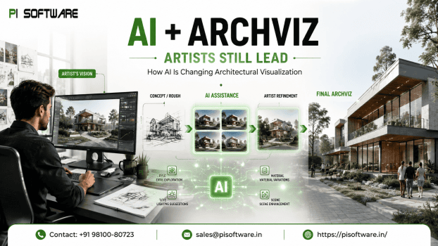 Premium architectural visualization thumbnail showing an artist using AI-assisted workflows to transform a rough architectural concept into a polished photorealistic render, with AI-generated design variations, green digital effects, PI Software branding, and contact details.