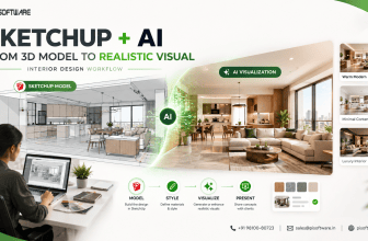 SketchUp and AI visualization workflow showing an interior design evolving from a 3D model into a realistic interior render