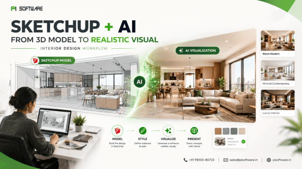 SketchUp and AI visualization workflow showing an interior design evolving from a 3D model into a realistic interior render
