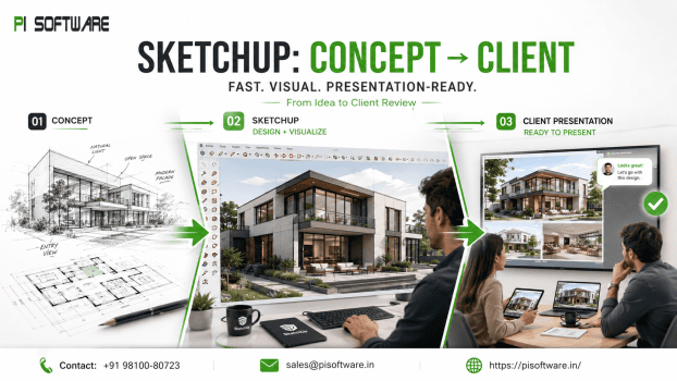 SketchUp concept-to-client presentation workflow showing architectural sketch, 3D building visualization in SketchUp, and final client presentation with rendered residential design and approval feedback.