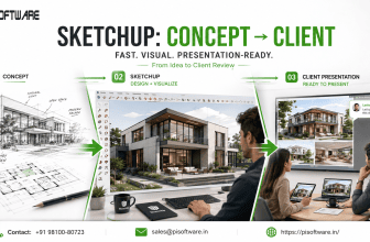 SketchUp concept-to-client presentation workflow showing architectural sketch, 3D building visualization in SketchUp, and final client presentation with rendered residential design and approval feedback.
