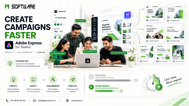 Adobe Express for Teams helps marketing teams create, adapt, collaborate on, and publish campaign content faster, with multiple branded assets generated from one campaign idea.