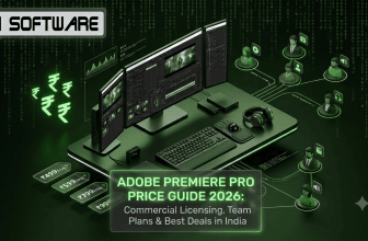 3D illustration of a video editing workspace featuring the Adobe Premiere Pro Price Guide 2026 for India, highlighting commercial licensing and team plan costs in Rupees.