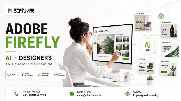 A woman uses Adobe Firefly on a desktop to generate image variations. The design promotes PI Software’s AI + Designers concept with connected examples like social posts, ads, and presentations, plus contact details and website link.