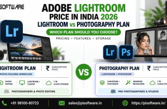 Adobe Lightroom price in India 2026 – Lightroom vs Photography Plan comparison featuring Photoshop, Lightroom Classic, photo editing, 1 TB cloud storage, and subscription options | PI Software.