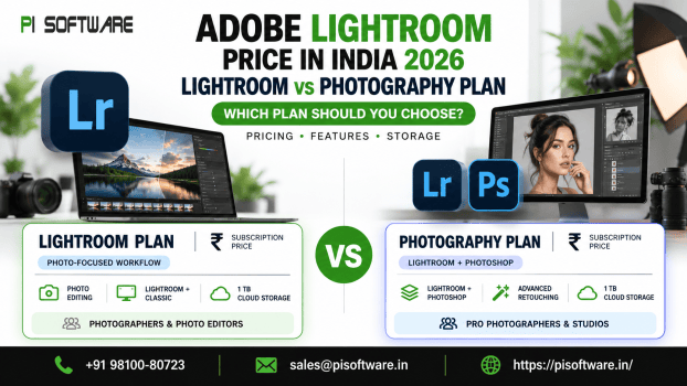 Adobe Lightroom price in India 2026 – Lightroom vs Photography Plan comparison featuring Photoshop, Lightroom Classic, photo editing, 1 TB cloud storage, and subscription options | PI Software.