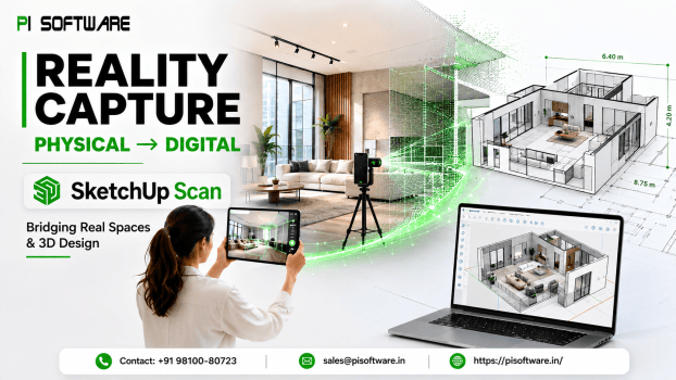 SketchUp Scan reality capture workflow showing a scanned interior space being transformed into an accurate 3D digital model using mobile scanning, LiDAR technology, and SketchUp Pro. The image illustrates how physical spaces are captured, processed, and converted into editable architectural models for design, renovation, and BIM workflows.