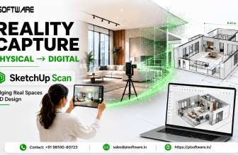 SketchUp Scan reality capture workflow showing a scanned interior space being transformed into an accurate 3D digital model using mobile scanning, LiDAR technology, and SketchUp Pro. The image illustrates how physical spaces are captured, processed, and converted into editable architectural models for design, renovation, and BIM workflows.