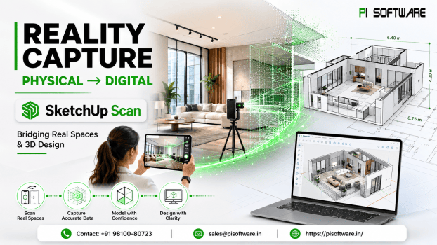 PI Software Reality Capture banner featuring SketchUp Scan, showing a physical interior being scanned with a tablet and transformed through green point-cloud data into a digital 3D architectural model.
