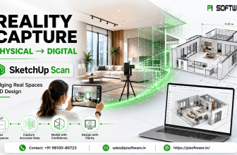 PI Software Reality Capture banner featuring SketchUp Scan, showing a physical interior being scanned with a tablet and transformed through green point-cloud data into a digital 3D architectural model.