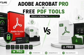 Adobe Acrobat Pro vs Free PDF Tools comparison thumbnail showing Adobe Acrobat Pro and advanced enterprise document management features on the left, basic free PDF tools on the right, with a central “VS” divider and PI Software branding. Contact details for phone, email, and website appear along the bottom.