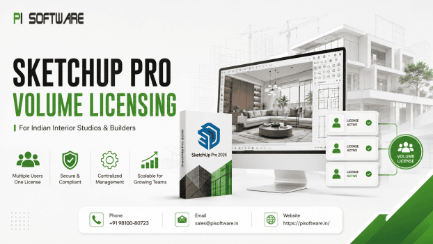 SketchUp Pro volume licensing promotional banner for Indian interior design studios and builders, featuring a SketchUp Pro 2026 workstation, volume license management graphics, PI Software branding, and contact information on a clean white and green background.