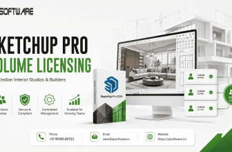 SketchUp Pro volume licensing promotional banner for Indian interior design studios and builders, featuring a SketchUp Pro 2026 workstation, volume license management graphics, PI Software branding, and contact information on a clean white and green background.