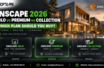 Enscape Solo vs Premium vs Collection 2026 comparison featuring photorealistic architectural rendering, real-time visualization, AI tools, creative assets, and licensing options – PI Software.